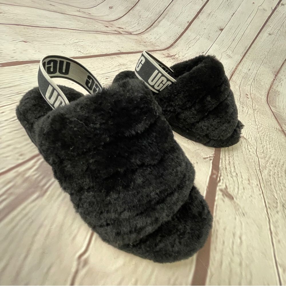 UGG Fluff Yeah black furry soft slippers slides with back straps, size 5 - Picture 5 of 11